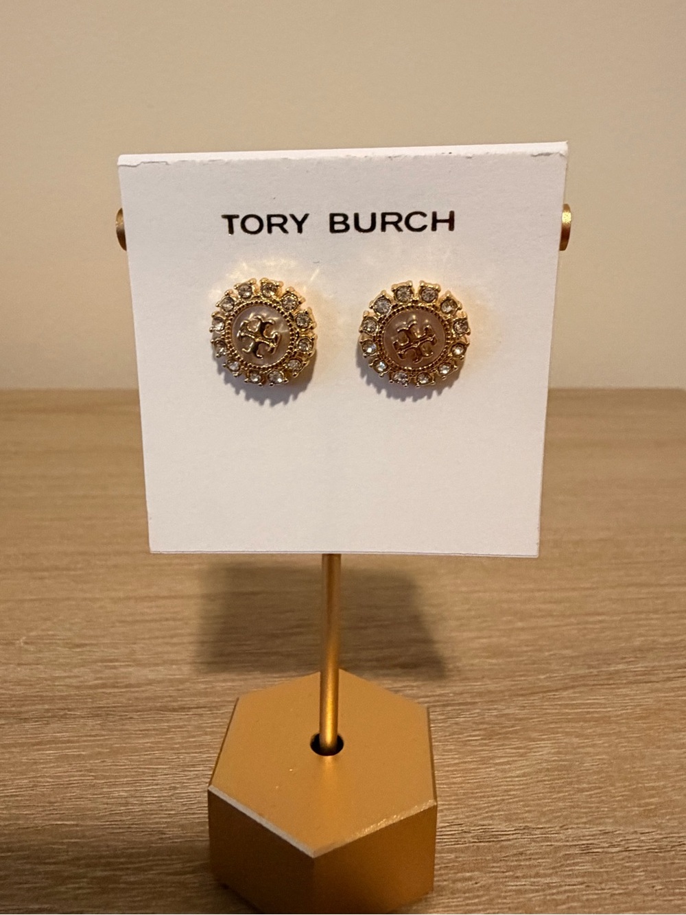 Tory Burch Moondance Mother of Pearl Stud Earrings Crystal Accents Gold new